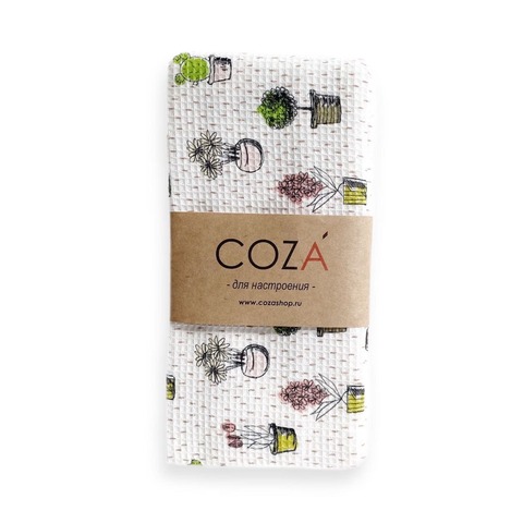 Полотенце вафельное COZA с принтом  "Кактусы", хлопок, размер 40х70 см