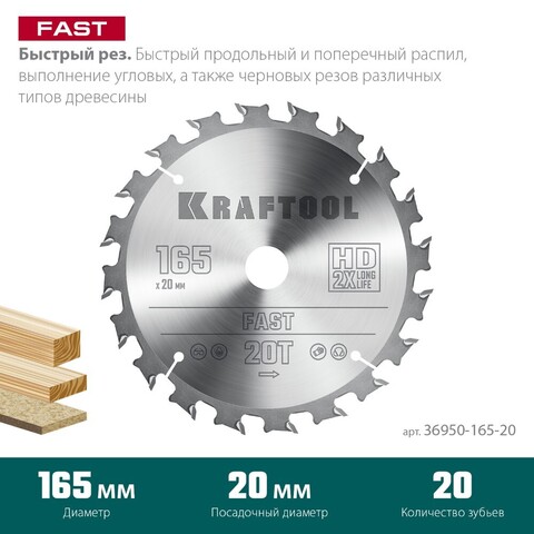 KRAFTOOL Fast 165х20мм 20Т, диск пильный по дереву