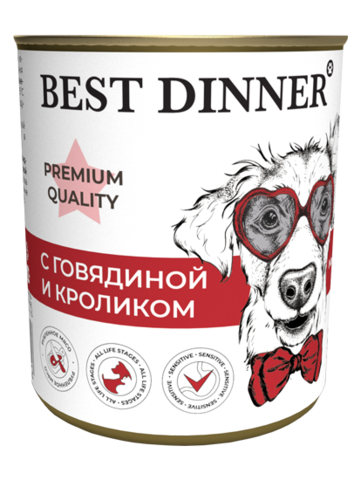 Best Dinner Premium Меню №2 консервы для взрослых собак и щенков с 6 мес (говядина и кролик) 340 гр