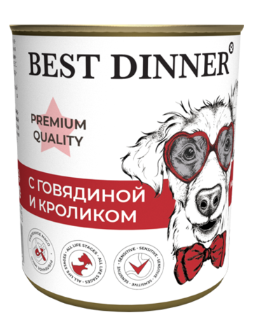 Best Dinner Premium Меню №3 консервы для взрослых собак и щенков с 6 мес (говядина и кролик) 340 гр
