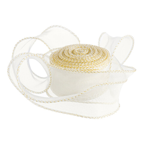 Лента декоративная в ассортименте, органза с леской, золотая кайма