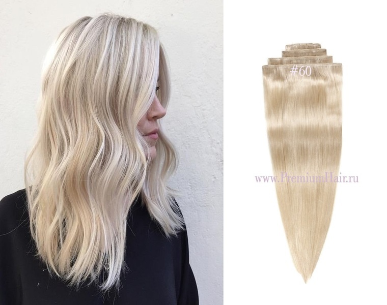 Натуральные волосы на заколках тон 60 платиновый блонд