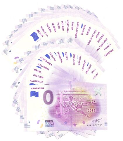 Полный набор из 32 сувенирных банкнот 0 евро 2018. ЧМ по футболу - 32 страны UNC