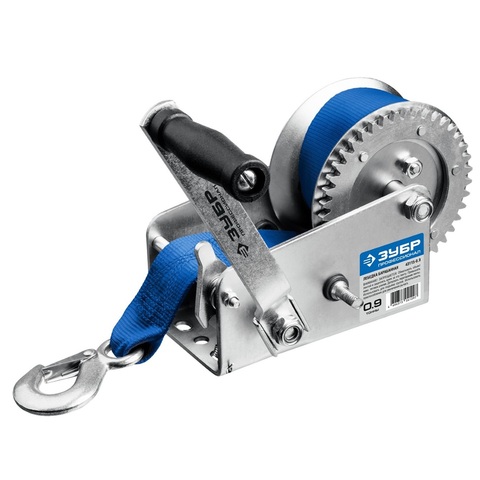ЗУБР 0.9 т, 10 м, ручная барабанная тяговая ленточная лебедка, Профессионал (43115-0.9)