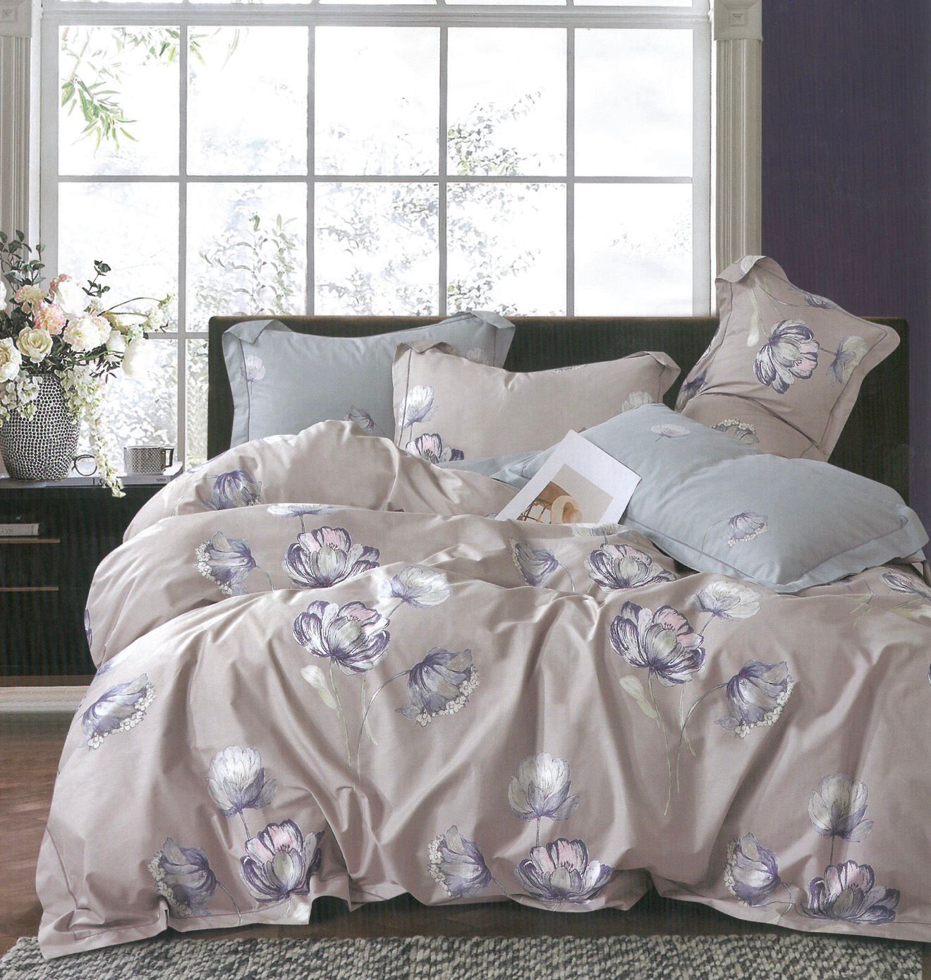 Комплект Семейный (2 пододеяльника) 100% Хлопок Сатин Кофейна Кремовый Цветы