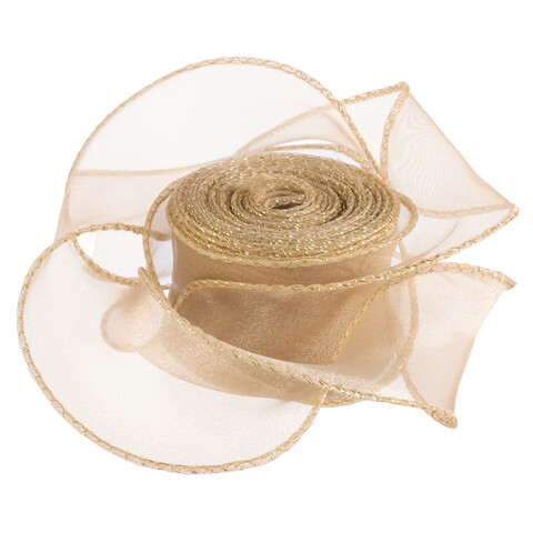 Лента декоративная в ассортименте, органза с леской, золотая кайма