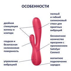 Красный вибратор-кролик Satisfyer Mono Flex с управлением через приложение - 20,4 см. - 