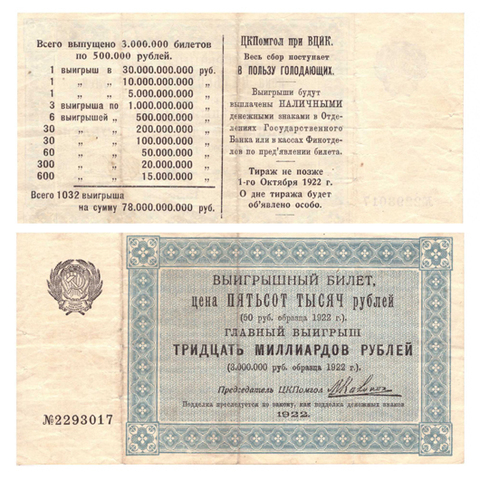 Выигрышный билет на 500 000 рублей. ЦКПомгол при ВЦИК. 1922 год. VF-