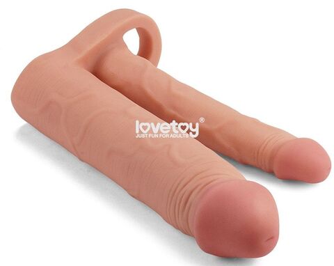 Телесная насадка для двойного проникновения Add 2 Pleasure X Tender Double Penis Sleeve - 20 см. - Lovetoy LV314011