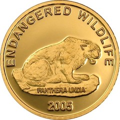 Золотая монета 2005 года выпуска Монголия 1000 тугриков, Снежный леопард, AU-999, 1,24 гр. диам. 13,92 мм, тираж 25000, proof 100% гарантия подлинности.