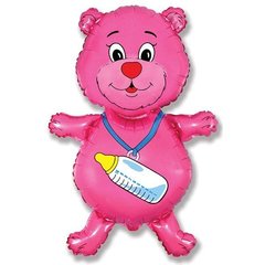Фигурный шарик из фольги Медвежонок с бутылочкой розовый