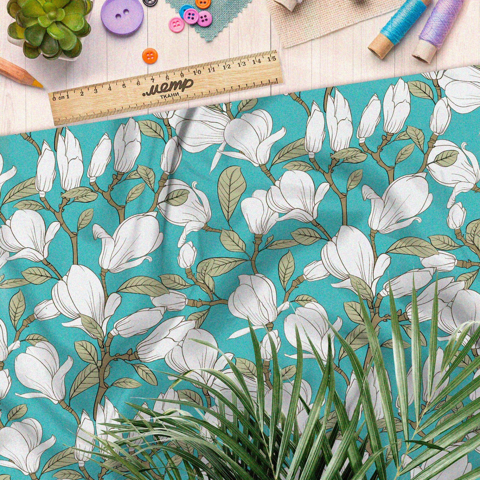 Ткань габардин белые бутоны на бирюзовом фоне. Купить ткань габардин ...