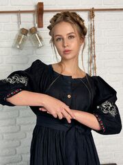 Раечка. Платье льняное под пояс с вышивкой на рукавах PL-422576