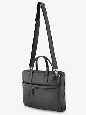 Кожаный портфель универсальный, компактный тёмно-серого цвета