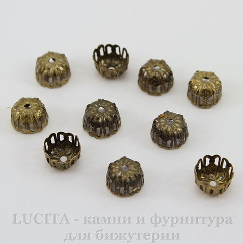 Шапочка для бусины филигранная (цвет - античная бронза) 9х6 мм, 10 штук