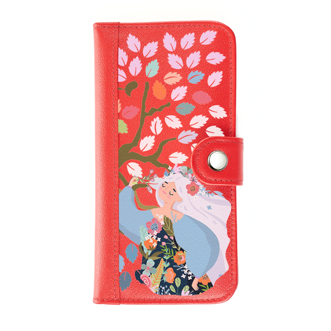 Клатч на кнопке мини комбинированный с обработанными краями "Девушка и дерево", красный красная вставка