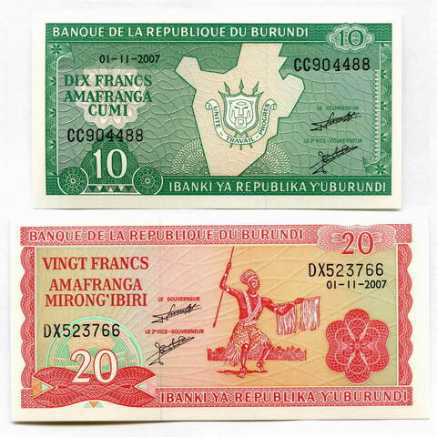 Банкноты Бурунди 2 шт (10 и 20 франков) 2005 год. UNC