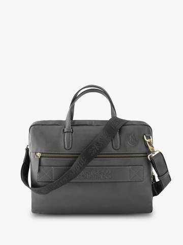 Кожаный портфель универсальный, компактный тёмно-серого цвета