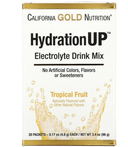 California gold Nutrition,HydrationUP, смесь для приготовления электролитического напитка, тропические фрукты, 20 пакетиков, 4,8 г (0,17 унции) в каждом