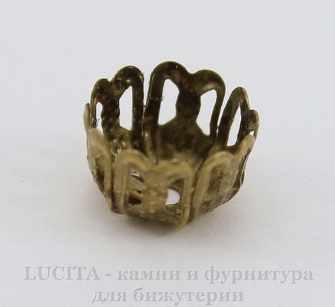 Шапочка для бусины филигранная (цвет - античная бронза) 9х6 мм, 10 штук