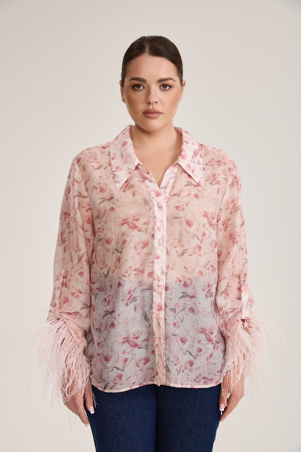 Блузка из тенселя с перьями, цветочный принт, розовый