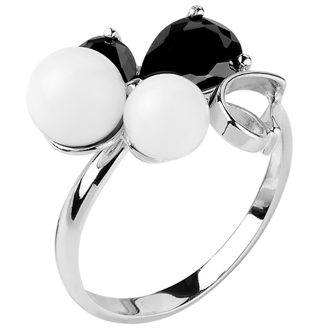 Кольцо из серебра с черной нано шпинелью и белым кварцем  Арт.1172н-шп-кв