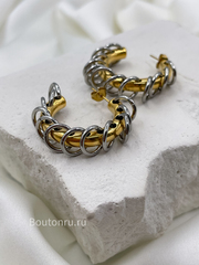 Серьги кольца массивные золотистые с серебристыми колечками 