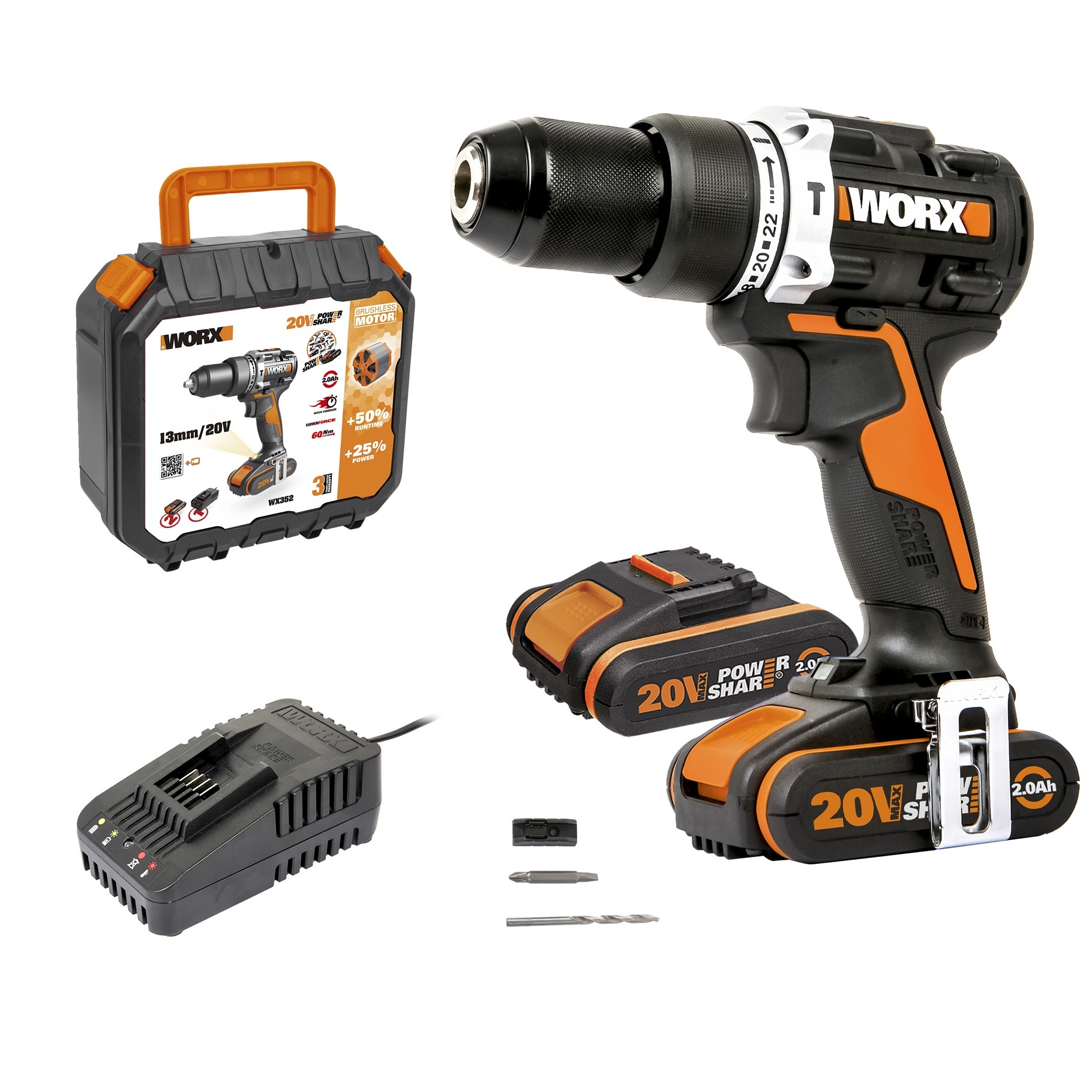 Дрель-шуруповерт ударная аккумуляторная WORX WX352, 60Нм, 20В, бесщеточная, 2Ач x2, ЗУ 2А, кейс