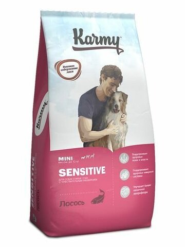 Сухой корм для собак Karmy Sensitive Mini для здоровья кожи и шерсти при чувствительном пищеварении, лосось 10 кг (для мелких пород)