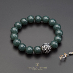 Браслет "Дракон". Нефрит Цвета морской волны. 10 мм.