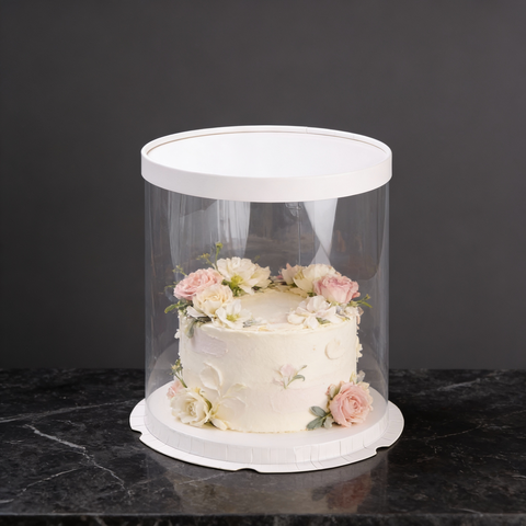 Прозрачная коробка для торта с пьедесталом (аквариум) 22*22 см, круглая, белая