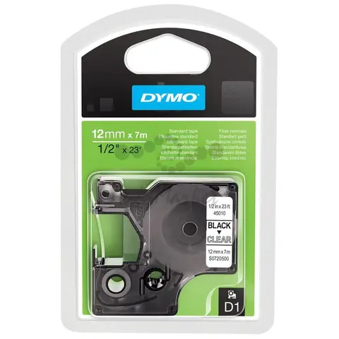 Картридж с лентой DYMO 12 мм х 7 м., пластик, черный на прозрачном