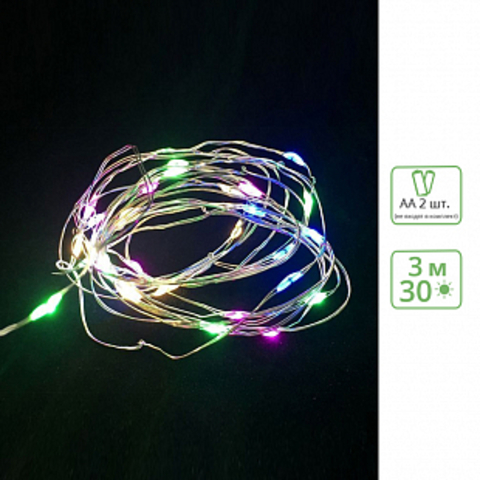 Светодиодная гирлянда, Роса, 30 Led разноцветный, медный светлый провод с контроллером, IP20, 3 м (от батареек АА)
