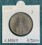 K16917 1935 Германия 5 марок рейхсмарок Кирха без подписи J Ag-900, 13.88 gr