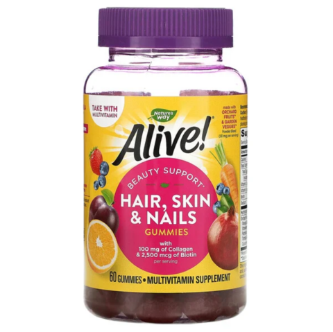 Nature's Way, Alive! Жевательные таблетки для здоровья волос, кожи и ногтей, со вкусом клубники, 60 шт.