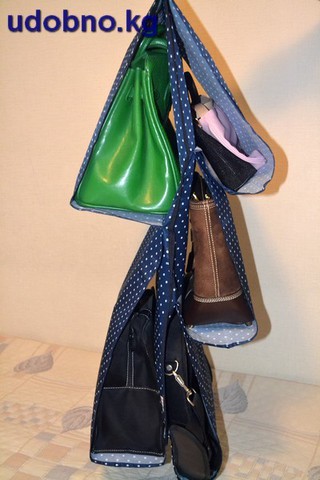 Подвесной органайзер для хранения женских сумок, 5 карманов (темно-синий в горошек)