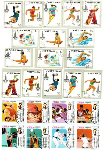 Набор марок Спорт 24 шт. 1980 г. Олимпийский мишка Вьетнам с зубцами и без. Куба XF