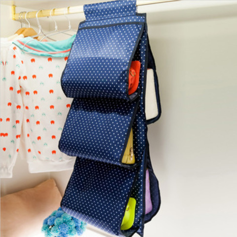 Подвесной органайзер для хранения женских сумок, 5 карманов (темно-синий в горошек)