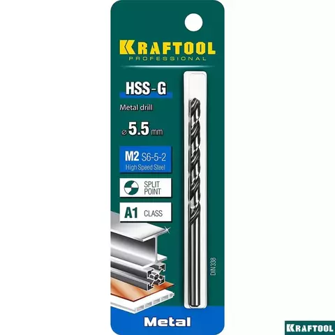 KRAFTOOL HSS-G 5.5 х93мм, Сверло по металлу HSS-G, сталь М2(S6-5-2)