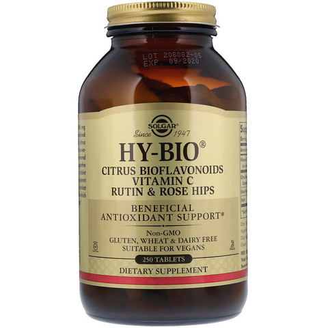 Solgar, Hy-Bio, цитрусовые биофлавоноиды, витамин С, рутин и шиповник, 250 таблеток