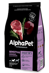 ALPHAPET сухой корм для взр собак средних пород с чувств пищеварением (баранина с потрошками) 2 кг