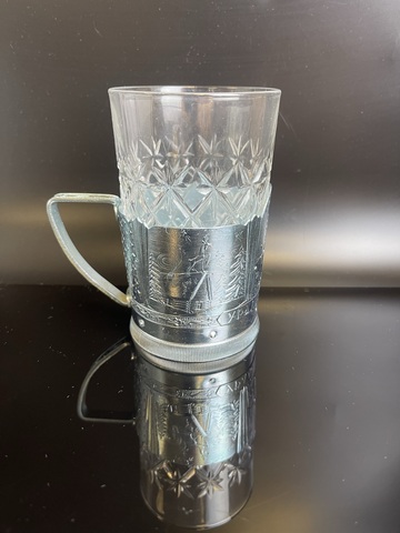 Подстаканник "Уральские Сказы" аллюминий с хрустальным стаканом, винтаж СССР 1960-1980 гг