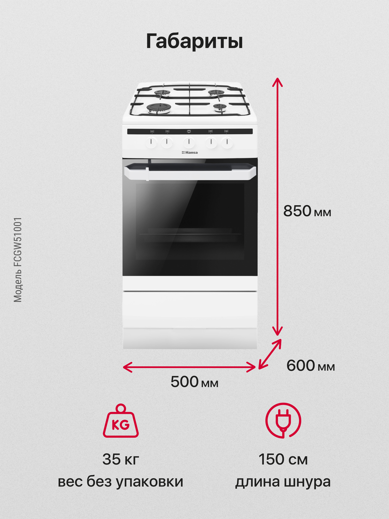 Газовая плита Hansa FCGW51001 | Белый | 1 год | Официальный магазин