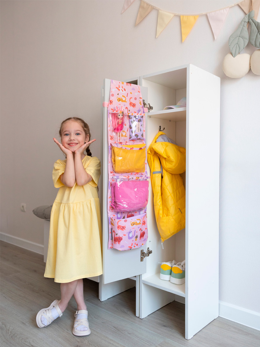 Кармашки в садик для детского шкафчика 83х24 см, Котики принт (розовый)