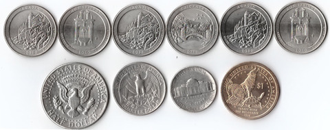 Лот из 10 монет США. 25 центов "Парки" 6 монет, 50 центов 1971, 25 центов 1984, 5 центов 1985, 1 доллар "Сакагавея"