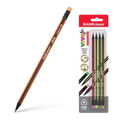 Блистер чернографитных трехгранных карандашей с ластиком ErichKrause® VIVO HB (4 карандаша