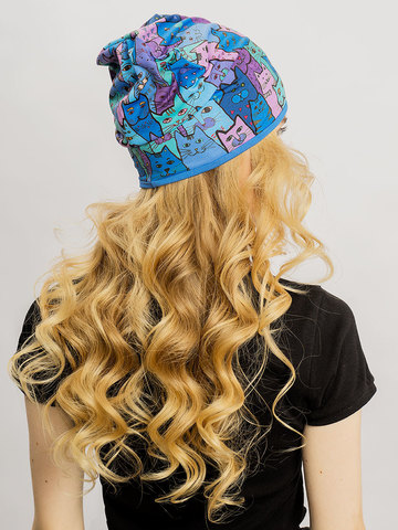 Женская летняя шапочка бини с принтом Котики (синие)