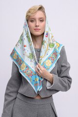 Платок «Зачатьевская роспись. Райский сад» голубой 100% шёлк