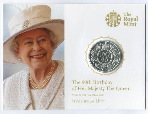 20 фунтов 2016 год. Великобритания. 90 лет со дня рождения Королевы Елизаветы II. Серебро в оригинальном блистере