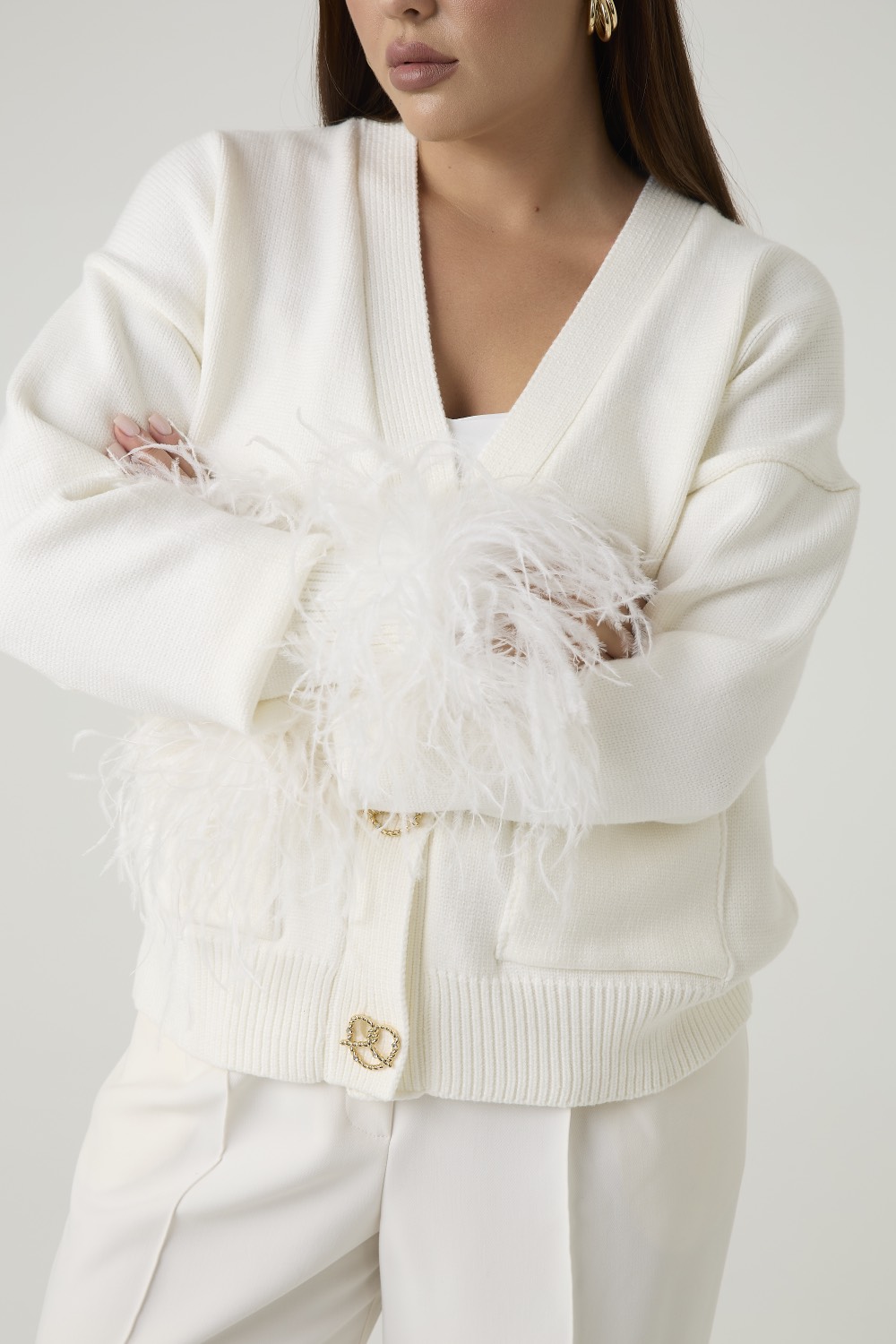 Кардиган вязаный с перьями, молочный